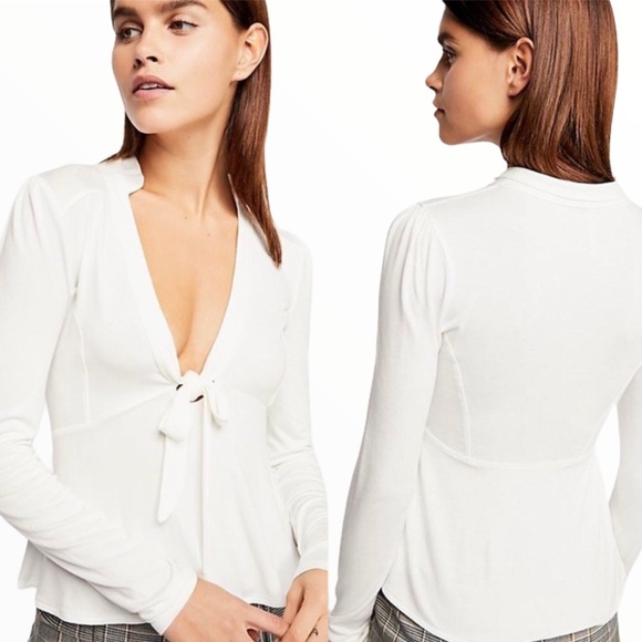 FREE PEOPLE Lois Tie Front Long Sleeve Blouse With V Cut Ivory White Size Small - Picture 1 of 11